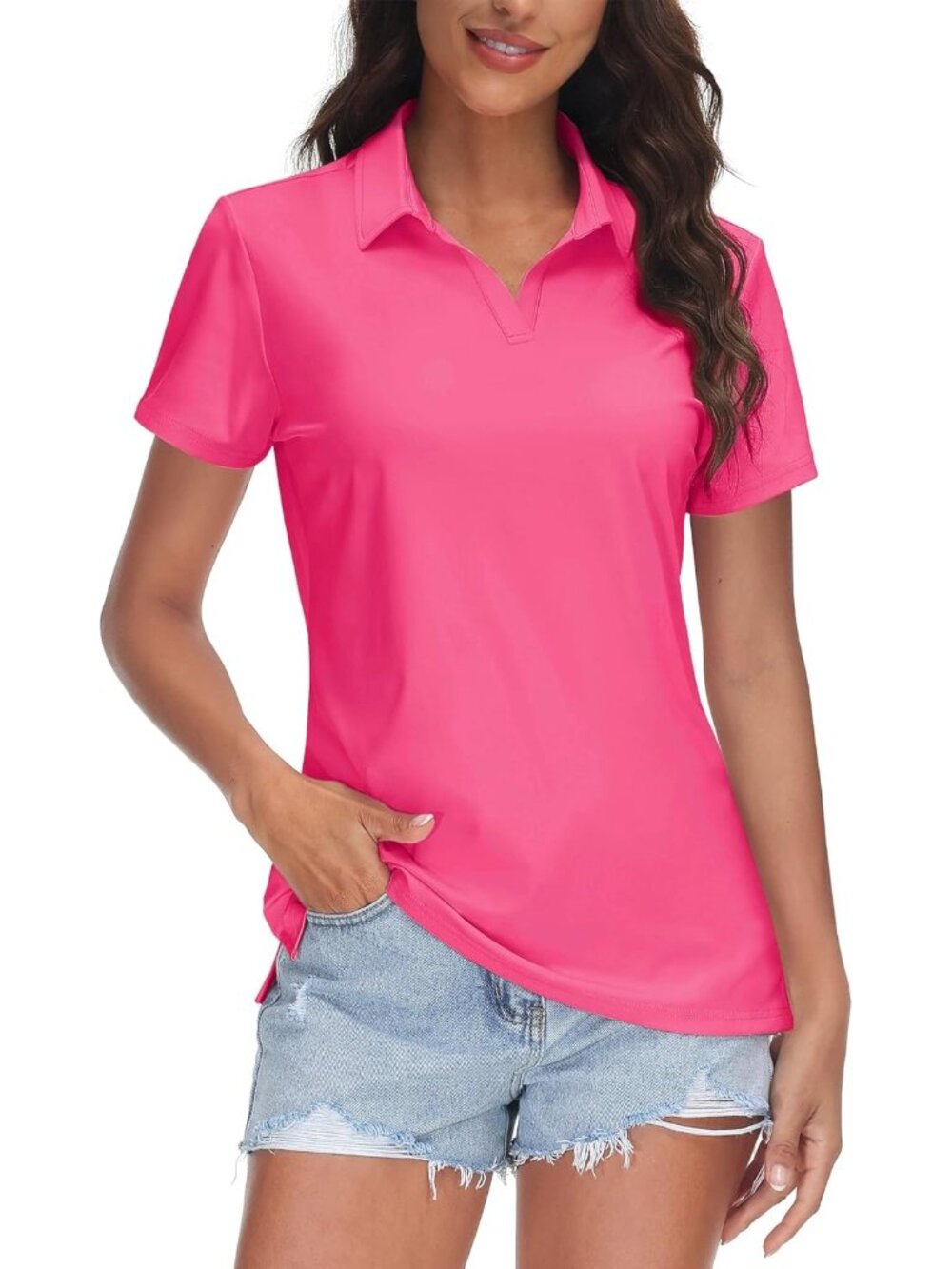 Women's 04-Rose Red V-Neck Polo Shirt Upf 50+ Quick Dry Sun Protection Top For G
